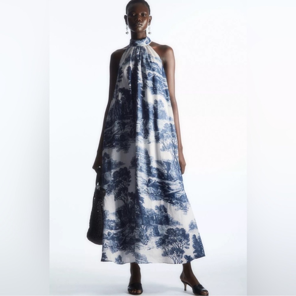 Like New Linen Toile Printed Halterneck Maxi Dress
